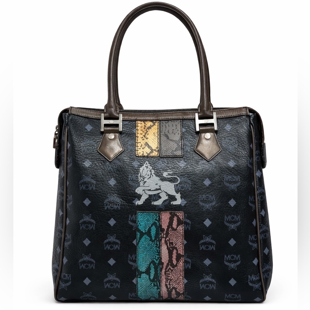MCM Black Visetos Tote Bag with Multicolor Stripe & Lion Accent Vintage